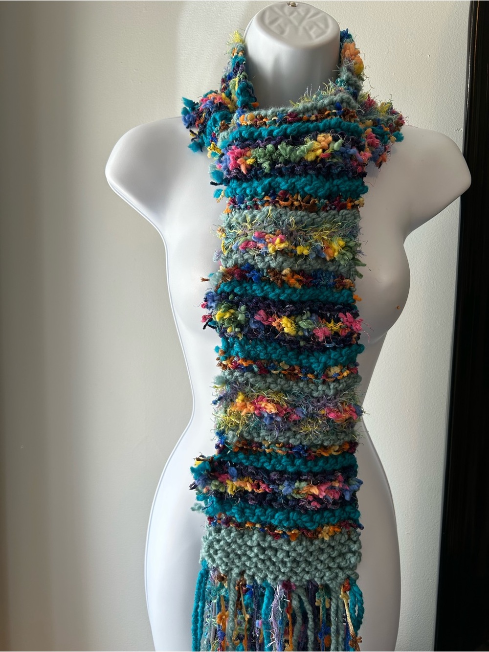Handcrafted Multicolor Fringe Knit Scarf - Teal Accent - Picture 2 of 2